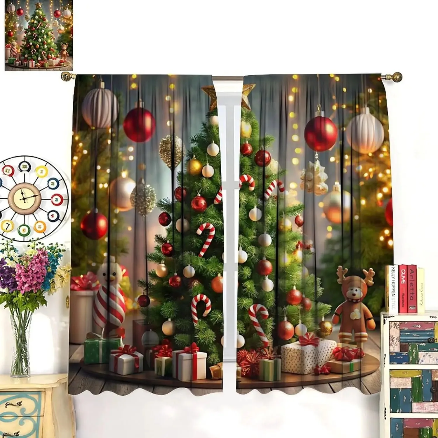 2PCS Digital Print Curtain, Christmas Tree with Candy Canes and Ornament Balls, Gifts and Lights, Gingerbread, for Bedroom Decor