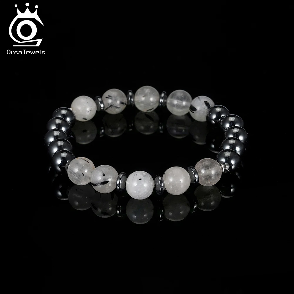 

ORSA JEWELS Elegant Natural Stone Protection Bracelet Hematite & Black Quartz Beaded Elastic Wristband Design Daily Wear GMB77