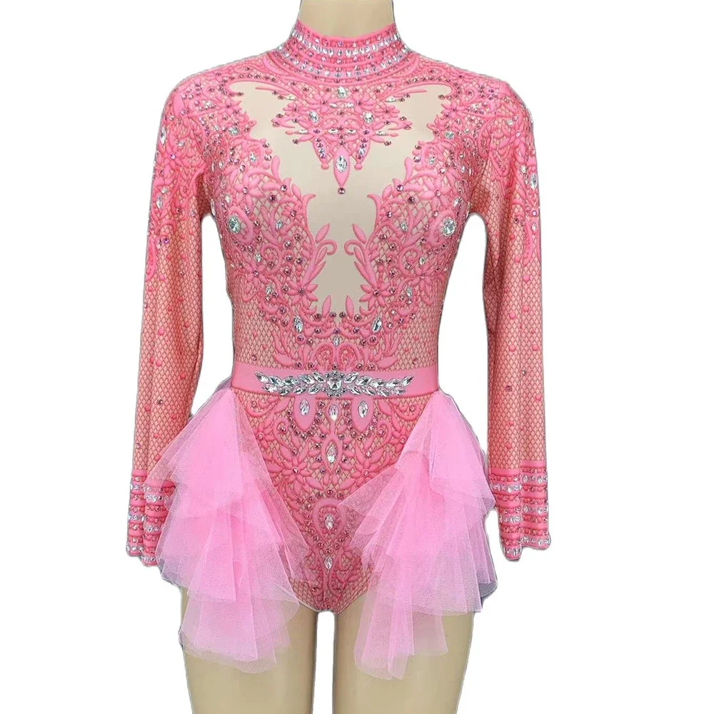 Sparkly Rhinestone Long Sleeve Tight Elastic Women Bodysuit Lace Nightclub Singer Performance Stage Wear DJ DS Costume Outfit