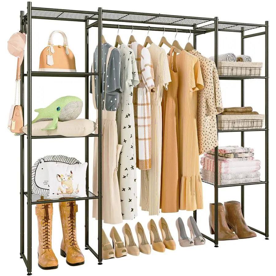 

Portable Closet Wardrobe, Metal Clothing Rack with 8 Shelves amp 1 Hang Rod, Free Standing Closet Rack for Hanging Clothes Close