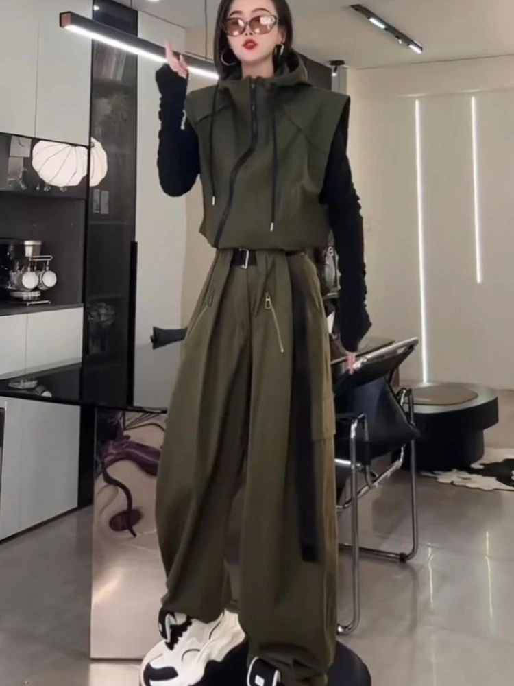 

Осень 2023, новый повседневный комплект спортивной одежды, женский модный жилет с капюшоном, пальто + широкие брюки, уличный индивидуальный комплект из двух предметов