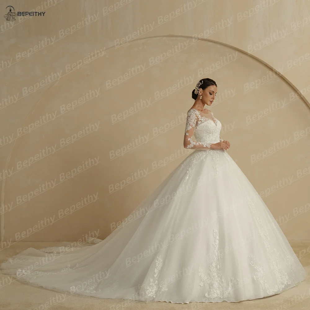 BEPEITHY Customized Luxury Full Sleeves Princess Wedding Dresses For Women Glitter Court Train Lace Boho Bride Bridal Gowns image 3