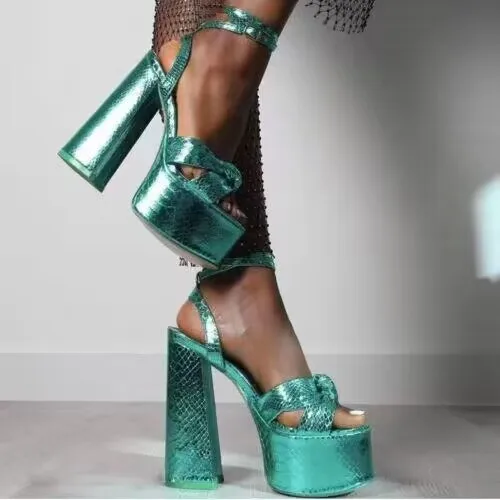 

Shining Color Chunky Heel Platform Sandals Women Fashion Thick Heel Knot Sandals Lady Large Size Peep Toe Summer Shoes
