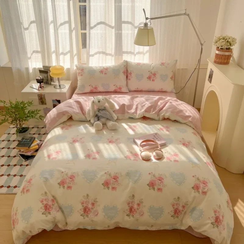 Small fresh cotton printed bed home four-piece set student dormitory bed single three-piece set