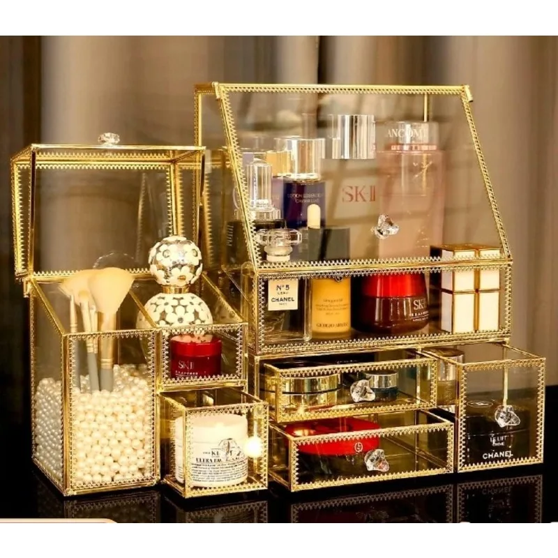 

Bathroom Organizer/Stackable 2Pieces Drawer Set Storage/Antique Countertop Vanity Cosmetic Storage Box Mirror ss Beauty Display