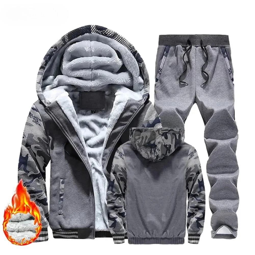 

Men Winter Tracksuit Sets Thick Warm Jacket Zipper Hooded Sweatshirt Coat+Pants Brand Sportswear Casual Fleece Outwear Hoody