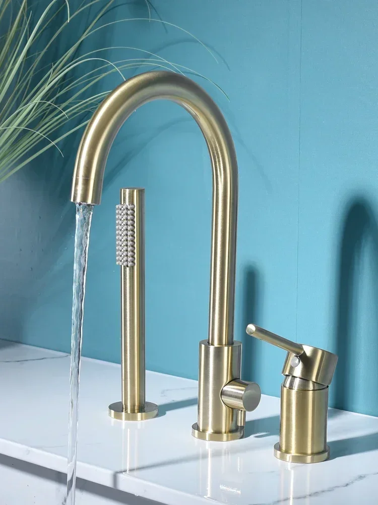 Brushed gold all copper cold and hot split type bathtub edge faucet bath faucet five piece set bathtub faucet seated