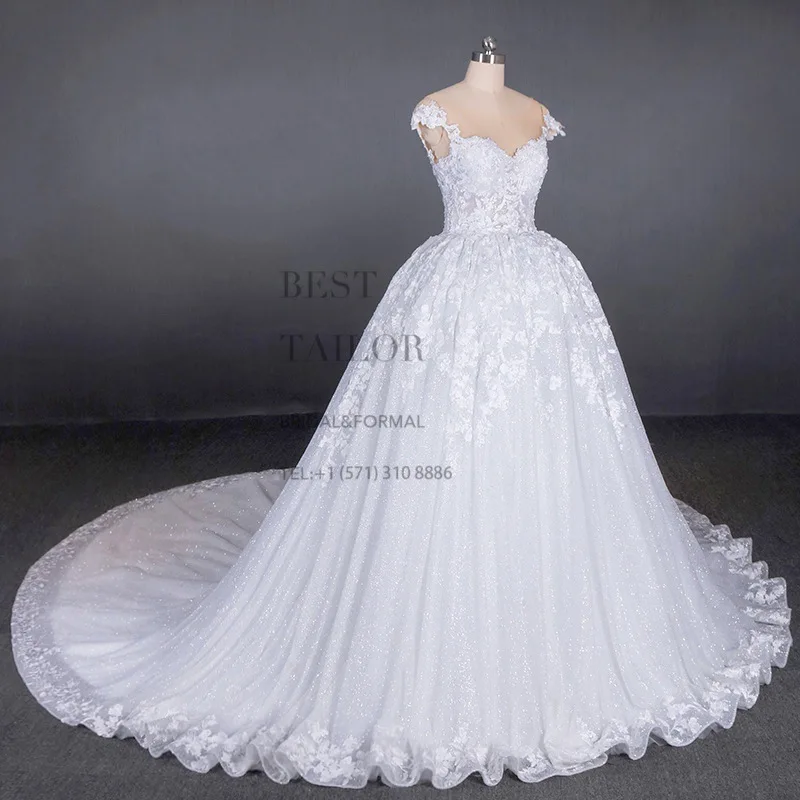 All-Over Lace Embellished Ballgown Wedding Dress with Cap Sleeves Breathtaking Sparkly Shiny Full Skirt Bridal Gown Chapel Train