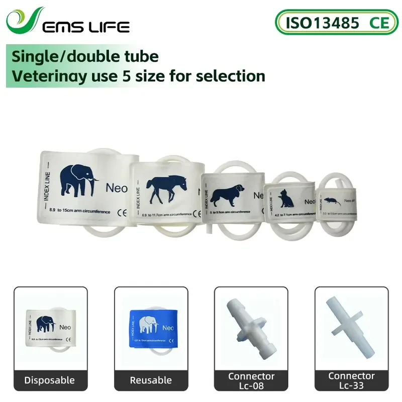 

EMSLIFE Disposable NIBP Pressure Cuff Animal Kit 5 Sizes Single/Double Tube Patient EOS Disinfecting SPO2