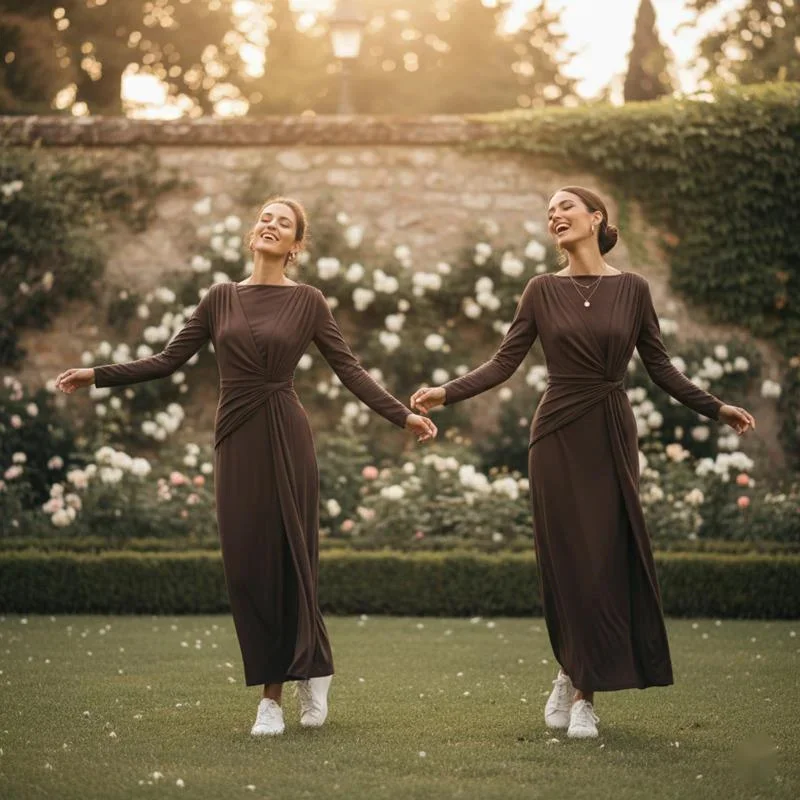 

Women's Elegant Banquet Style Dress With Round Neck And High Waist Loose Fit Irregular Cut Autumn Fashion Long Dress For Parties