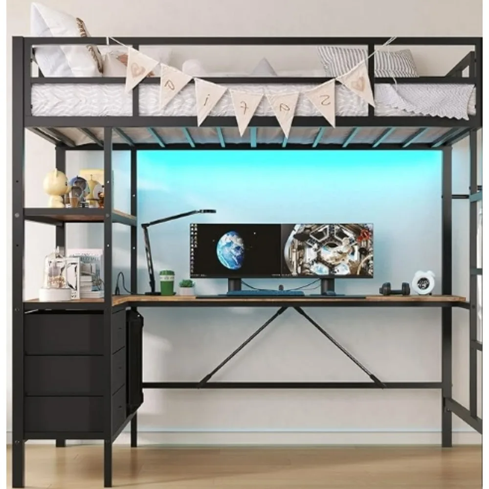 Twin Metal Loft Bed with L-Shaped Desk, LED Lights,Charging Station LED Loft Bed Frame Twin Size with 3 Storage Shelves