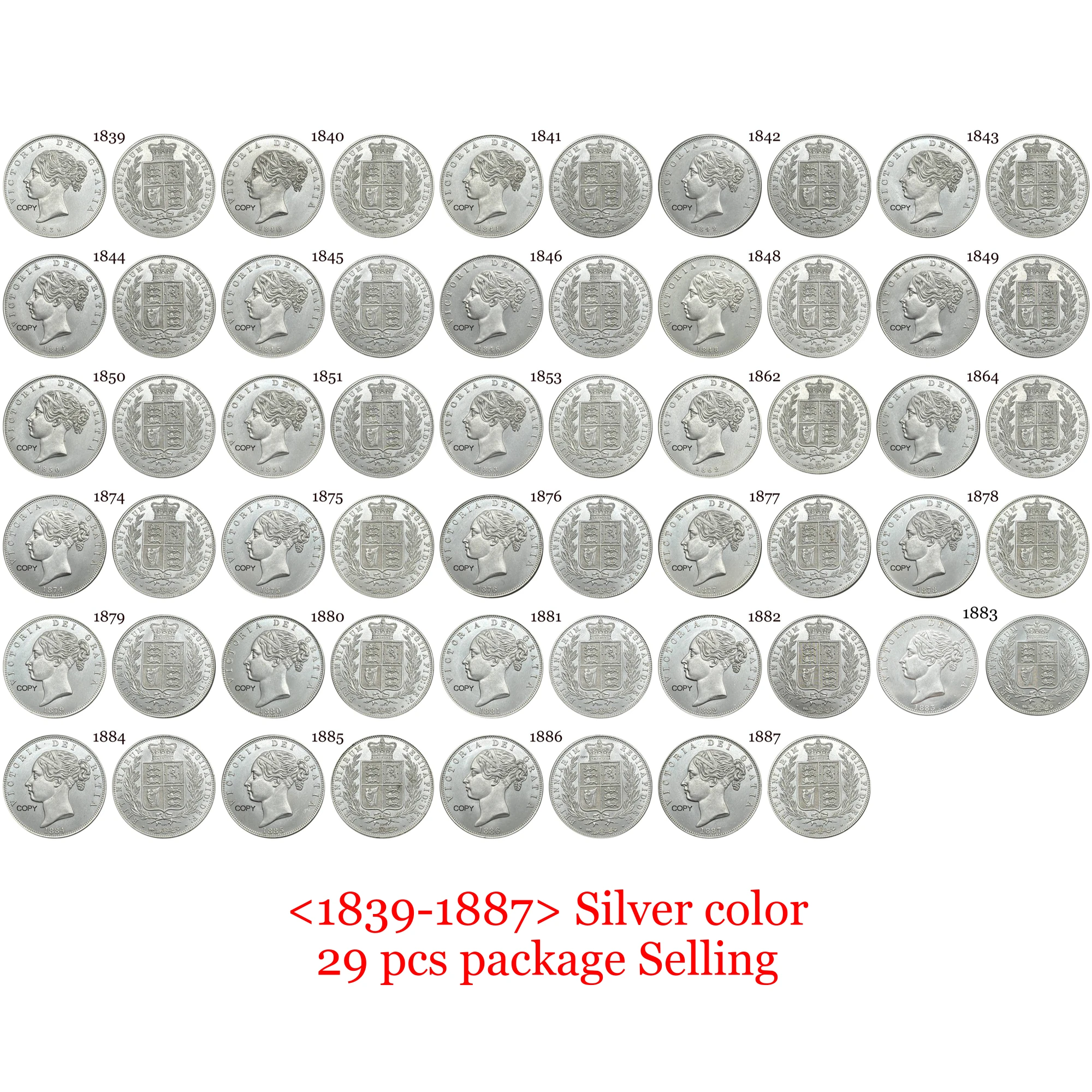 

United Kingdom 1839 - 1887 29 Pcs 1/2 Half Crown British Victoria Silver Plated Copy Commemorative Coin Ww2 Moneda Collectible