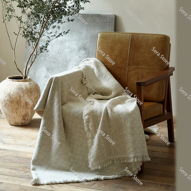 Cotton Linen Jacquard Tassel Blanket, Sofa Throw Blanket, Office Nap Blanket, Bed End Decorative Blanket for Home and Hotel Use
