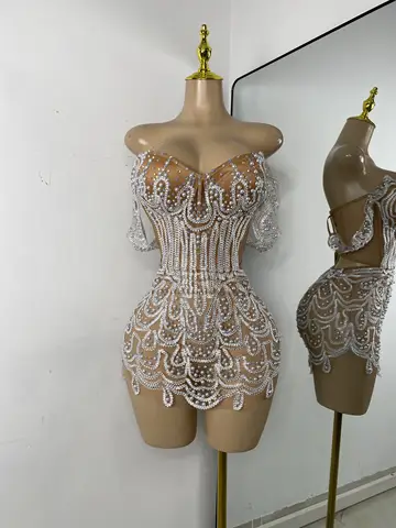 Luxury Pearls Sparkly Rhinestones Women Sexy Off Shoulder Mesh See Through Mini Bodycon Birthday Dress Party Performance Costume