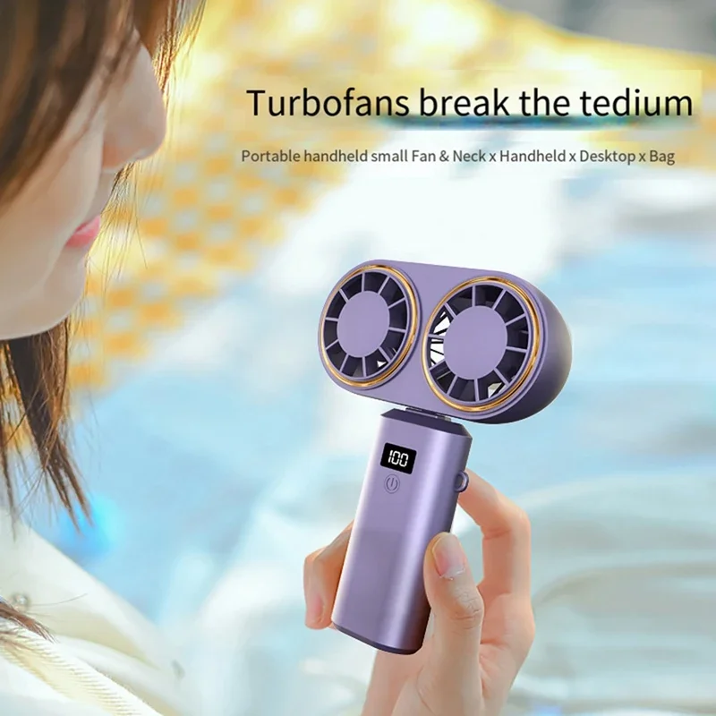 مروحة USB قابلة لإعادة الشحن برأس مزدوج 2400 مللي أمبير في الساعة، مروحة محمولة معلقة على الرقبة، سطح مكتب قابل للطي مع مروحة شاشة رقمية، سهلة الاستخدام، وردي