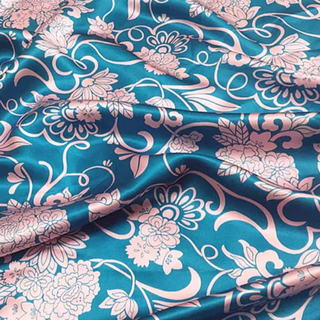 

1 meter 100% Mulberry Silk 16 momme Charmeuse Silk Fabric Blue with Pink Floral Print 111cm 43.7" wide by the yard XL054