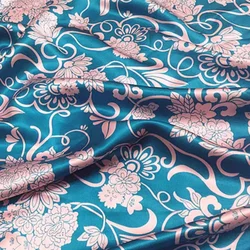 1 meter 100% Mulberry Silk 16 momme Charmeuse Silk Fabric Blue with Pink Floral Print 111cm 43.7