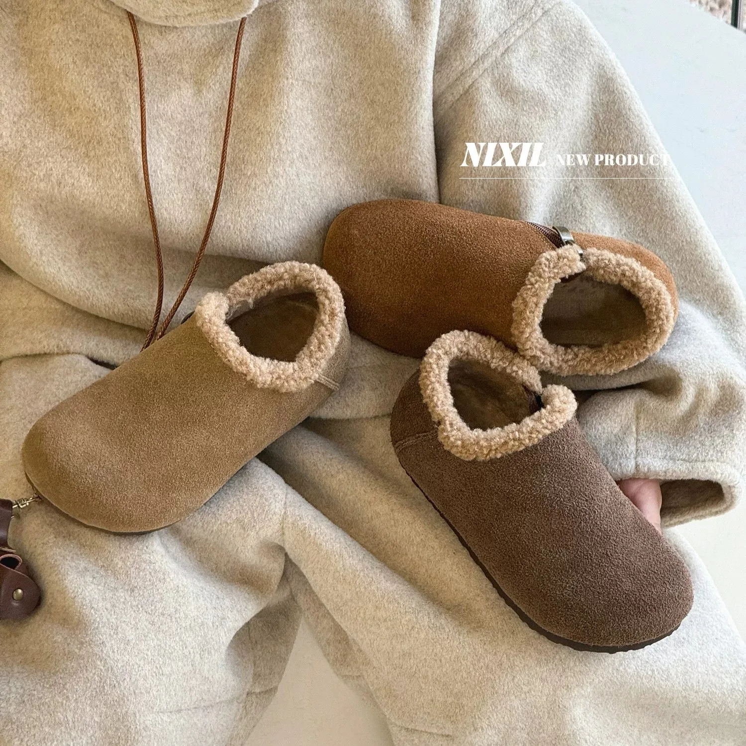 Children Winter Warm Cotton Shoes Suede Plush Lined Snow Boots for Boys Girls Non Slip Thin Sole Kids Indoor Outdoor Mules Shoes