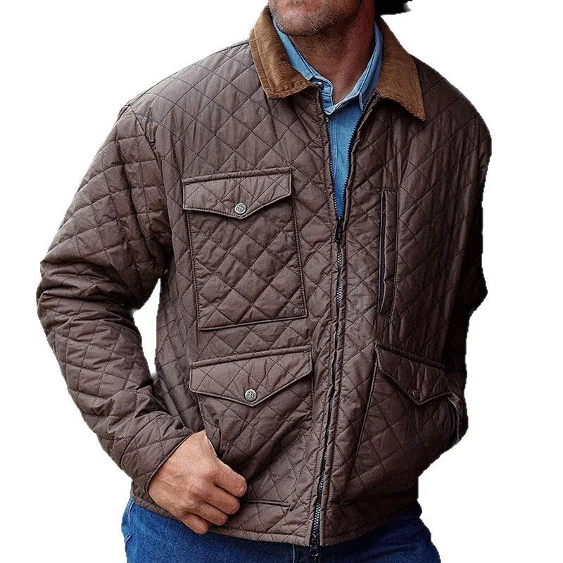 European And American Autumn Winter New Men's Diamond Pattern Quilted Jacket Cross-Border Retro Pocketed Turn-Down