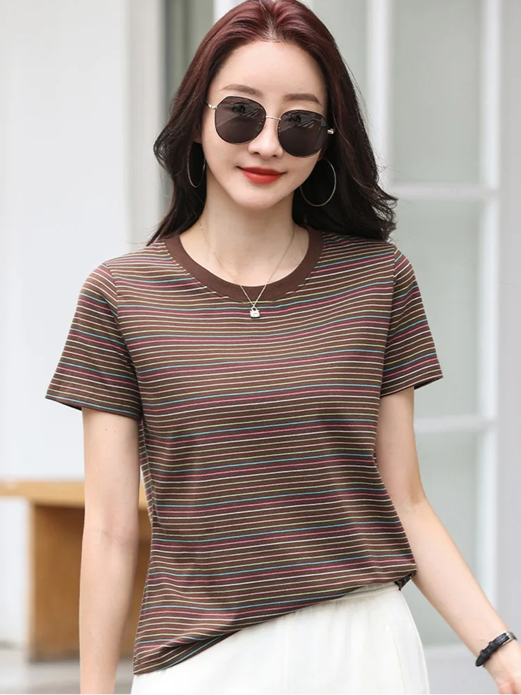 New Women Casual Striped T-shirt Summer Fashion O-Neck Short Sleeve Contrast Color Loose Tees Simplicity Basic Cotton T-shirt