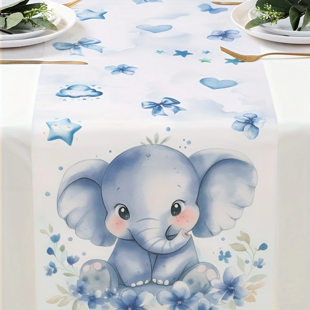 1 Stück Blauer Baby-Elefanten Themen-Tischläufer aus Polyester für Babyparty-Dekoration und Geschlechtsenthüllungsfeier