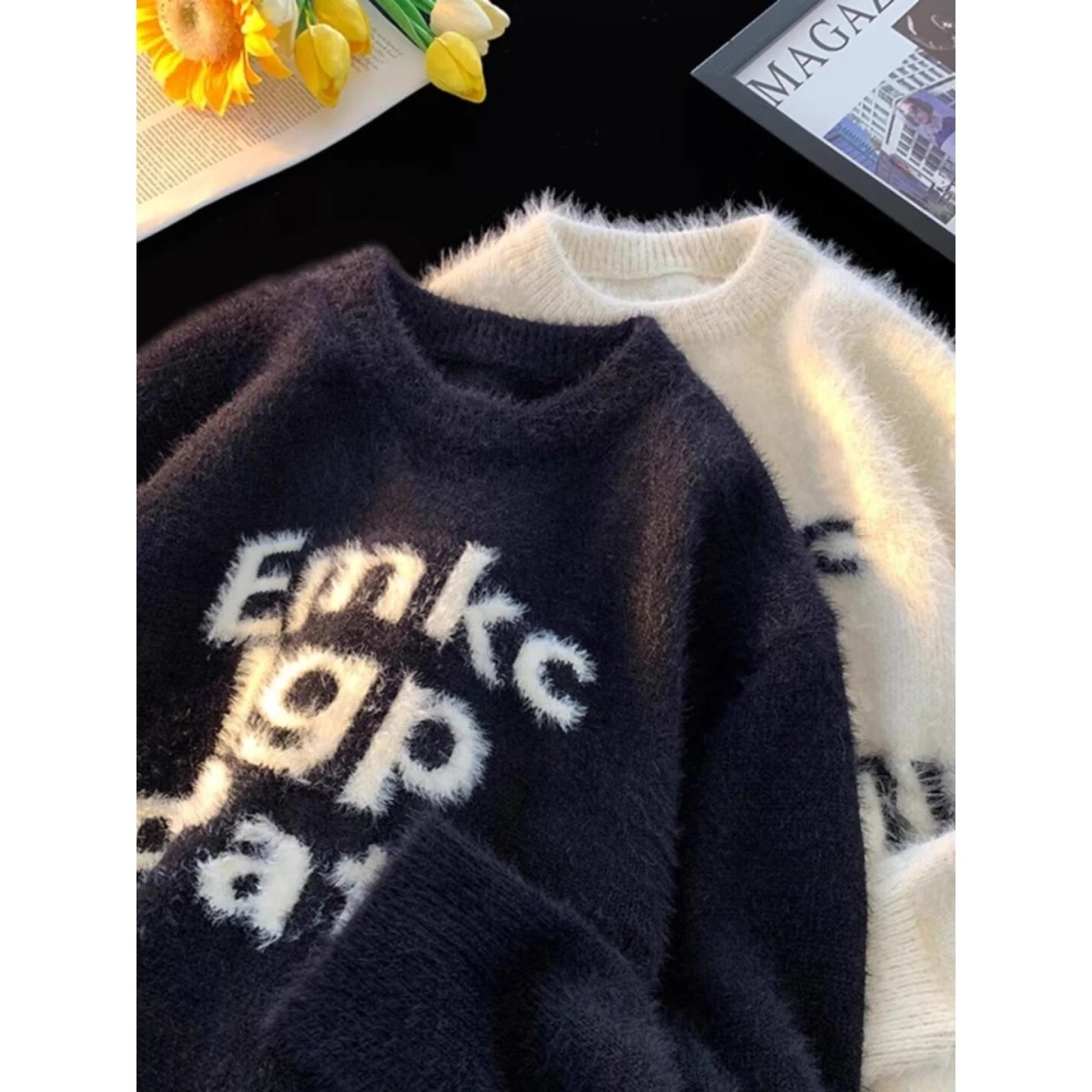 Suéter de Cachemira con Letras Retro Americanas, Hoado, para Hombre y Mujer, Otoño Invierno, Estilo Casual, Prenda Exterior...