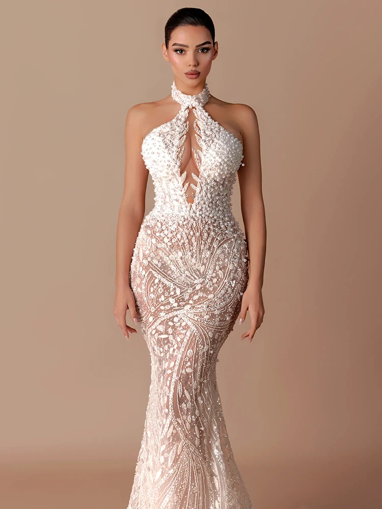 VC Evening Grace White Halter Gown with Pearl & Sequins Details Maxi Dress for Wedding Party