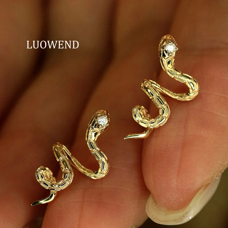 

LUOWEND 100% 18K White/Yellow Gold Earrings Fashion Snake Shape Real Natural Diamond Stud Earrings for Women High Party Jewelry