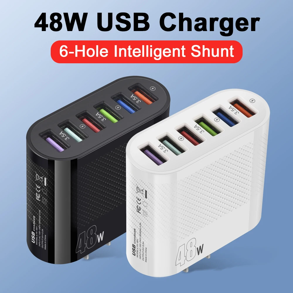 Muti 6 Ports USB Charger 48W USB Fast Charging Mobile Cell Phone High Speed Quick Charge Wall Adapter for Huawei Xiaomi Samsung
