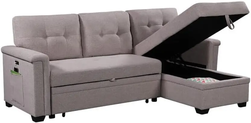 Ashlyn Sofá seccional reversible gris claro con chaise de almacenamiento, puertos de carga USB y bolsillo