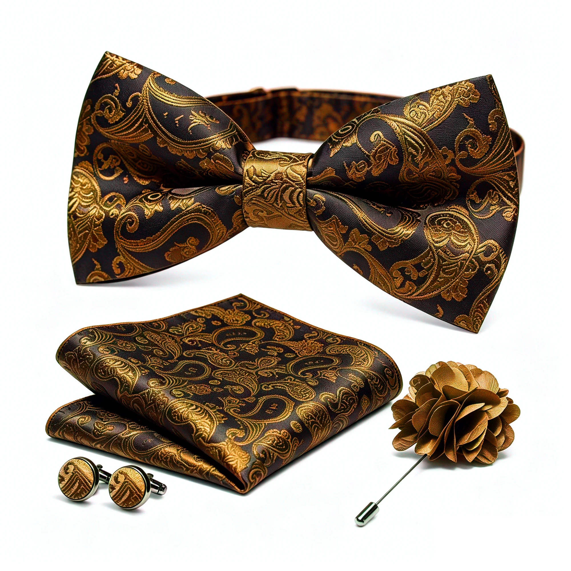 36-teiliges Set: Schwarze Seiden-Jacquard-Paisley Herrenfliege, Brosche, Einstecktuch und Manschettenknöpfe – Vorgebundene Schmetterlingsfliege für Herren, Hochzeit und Business – Detail 4