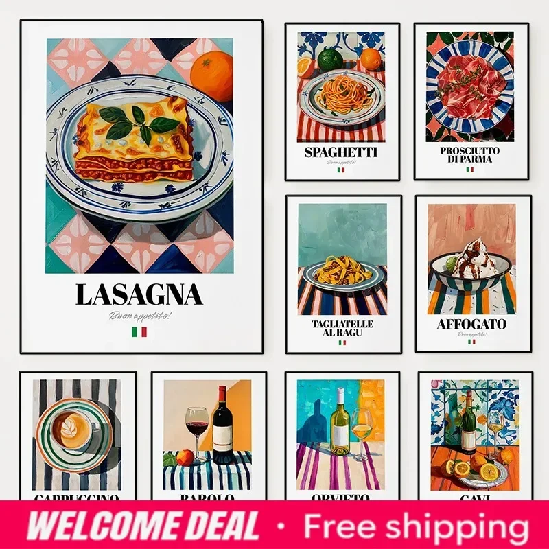 Colourful Italy Food Dessert and Drink Poster Italian Culinary Canvas Painting Wall Art for Bar Kitchen Dinner Room Home Deco