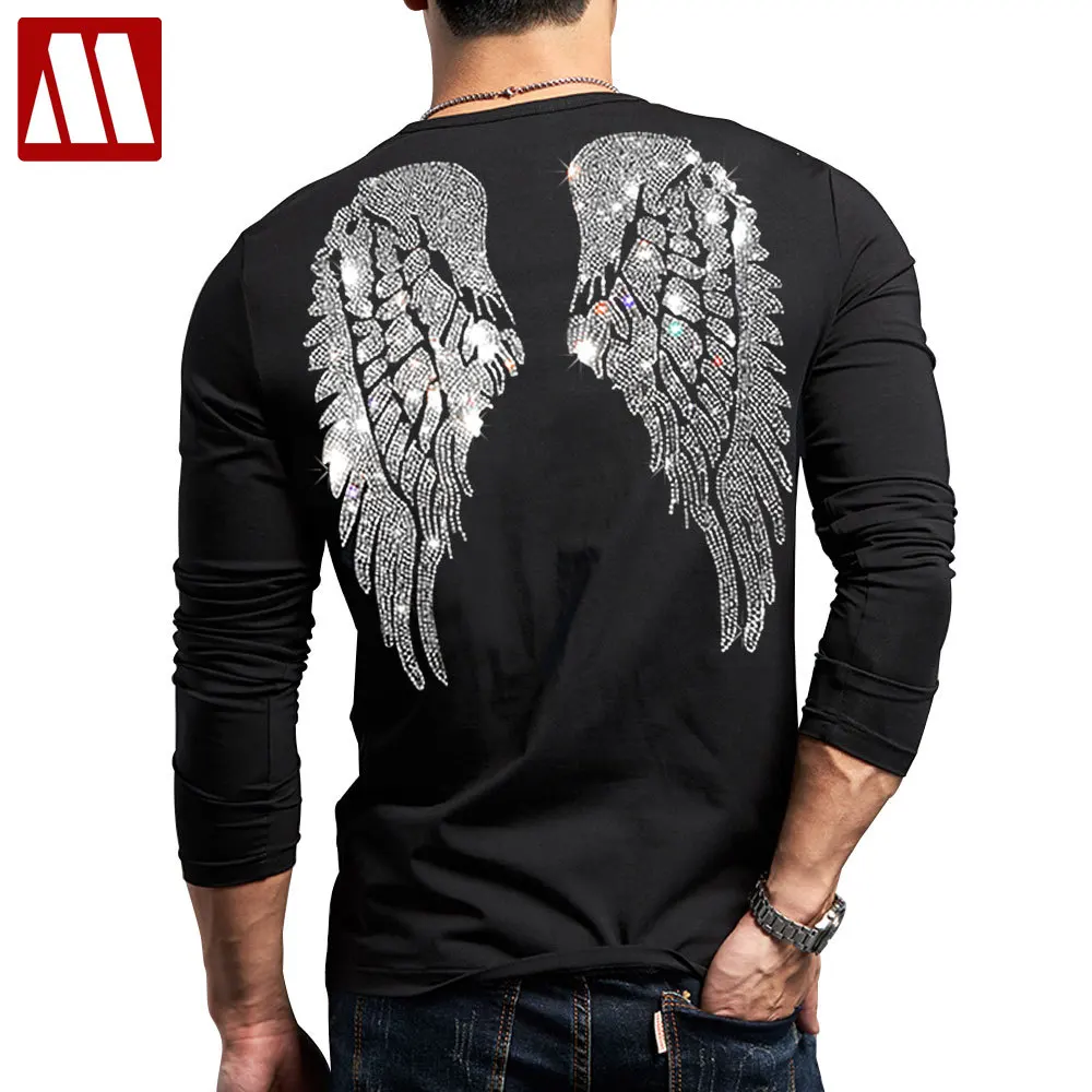 Unisex Rhinestone Wings Print T shirts Male Streetwear Cotton Ins Punk T-Shirt Dropshipping Oversize Long Sleeve Clothes