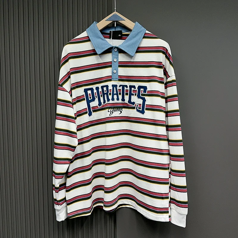 

Patch Embroidery Label Stripe Polo Shirt Long Sleeve T Shirt Tops Men Women Vintage High Street Coton Loose T-shirt Clothes