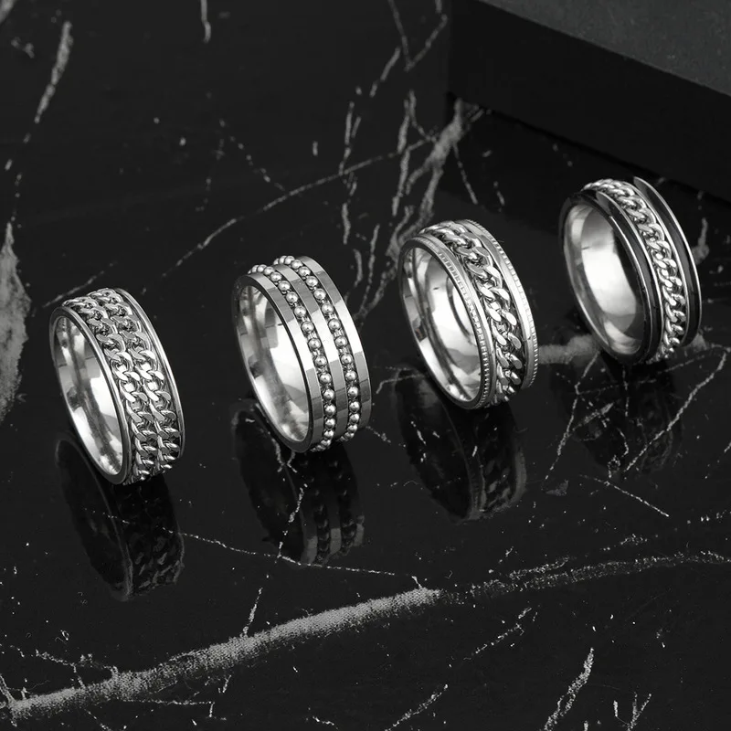 Silver Stainless Steel Spinner Ring Multi‑Layer Bead Cuban Chain Rotatable Wide Band Hip‑Hop Stress Release Men Finger Jewelry