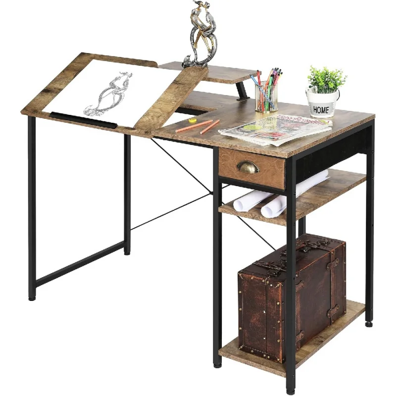 

Drafting Table with Storage Shelves & Drawer, 43" Adjustable Art Desk with Monitor Stand for Home Office Computer, Tiltable