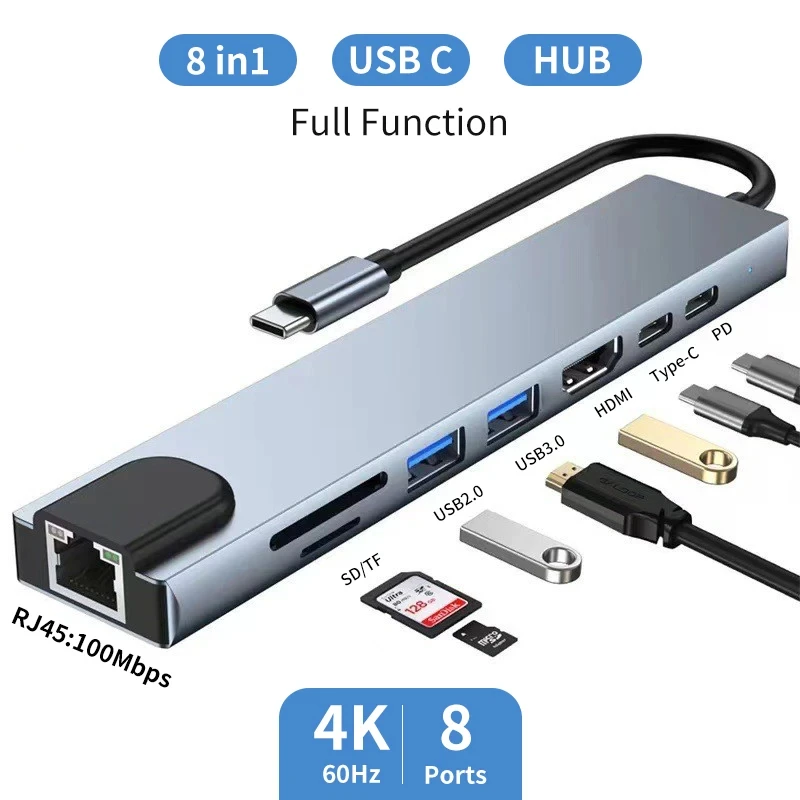 USB C Hub 8 In 1 Type C 3.1 To 4K HDMI Adapter with RJ45 SD/TF Card Reader PD Fast Charge for MacBook Notebook Laptop Computer