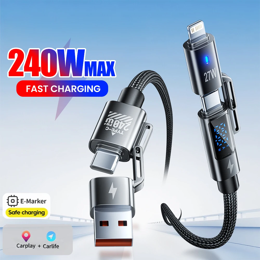 

240W 4-in-1 USB A To Type-c With LED Phone Fast Charging Braided Data Cable For iPhone 14 16 Samsung Type-c to Type-c