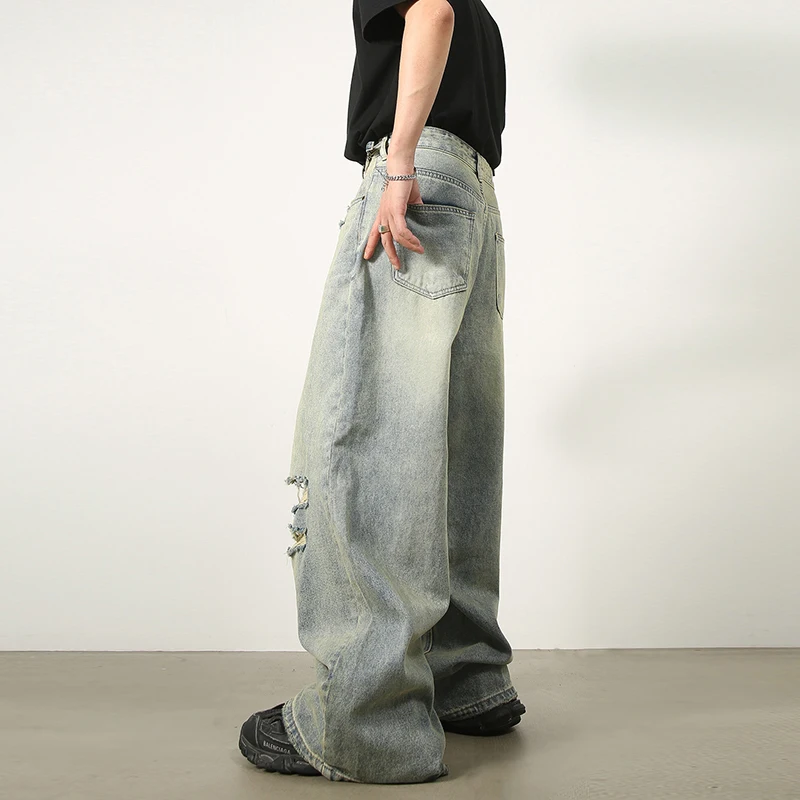 Korean Fashion Hole Ripped Jeans Men Mid-waist Straight Wide Leg Pants Hip Hop Streetwear Vintage Washed Jeans Trousers For Men