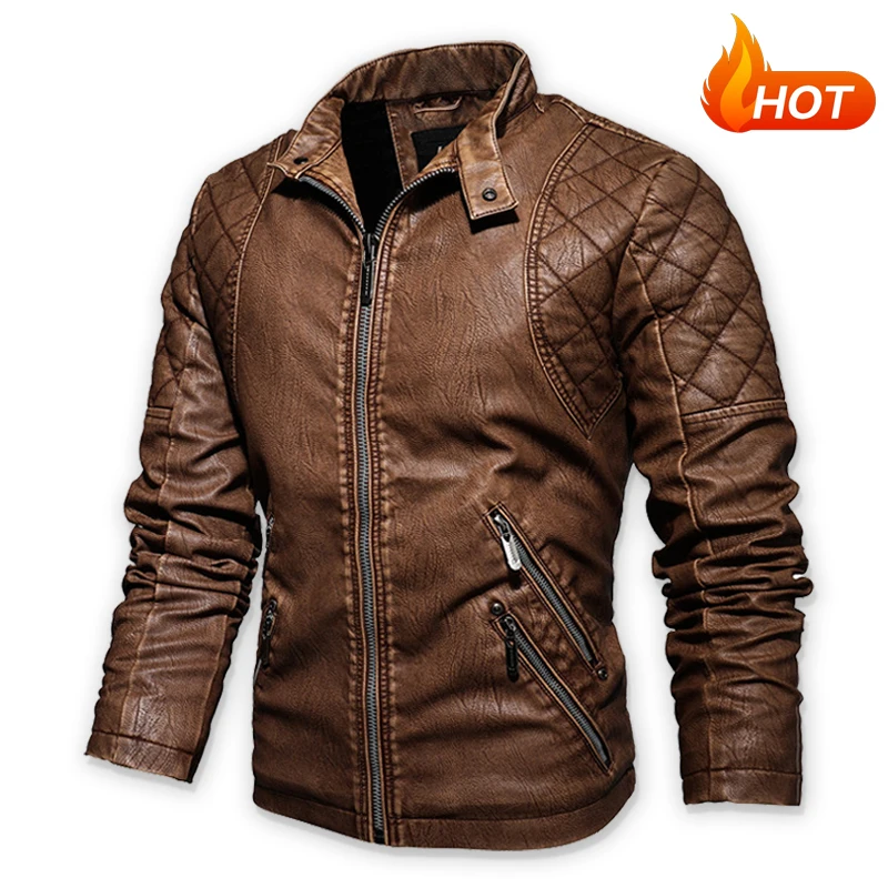 Men Fashion Leather Jacket Men Autumn Motorcycle Slim Fleece Jacket Coat Men Spring Outdoor Casual Motor Biker PU Leather Jacket