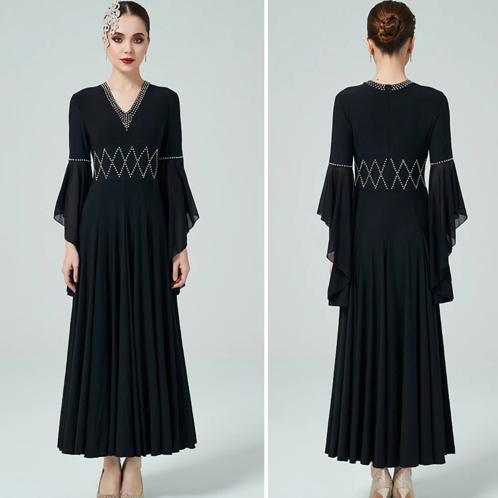 V-neck Standard Dance Competition Dress Red Rhinestones Black Flamenco Skirts Rhinestone Lotus Sleeve Woman Ballroom Dress Waltz