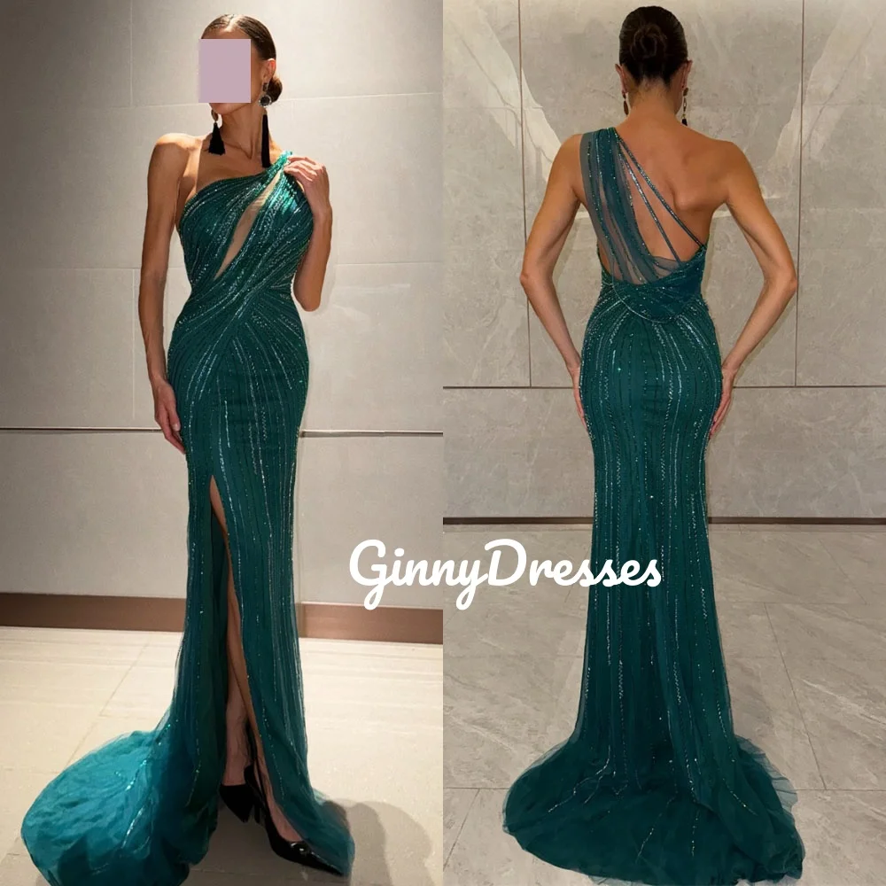 

Роскошные вечерние платья в Дубае на заказ, платье русалки с разрезом на одно плечо, длиной до пола, свадебное платье, платья из бисера для особых случаев