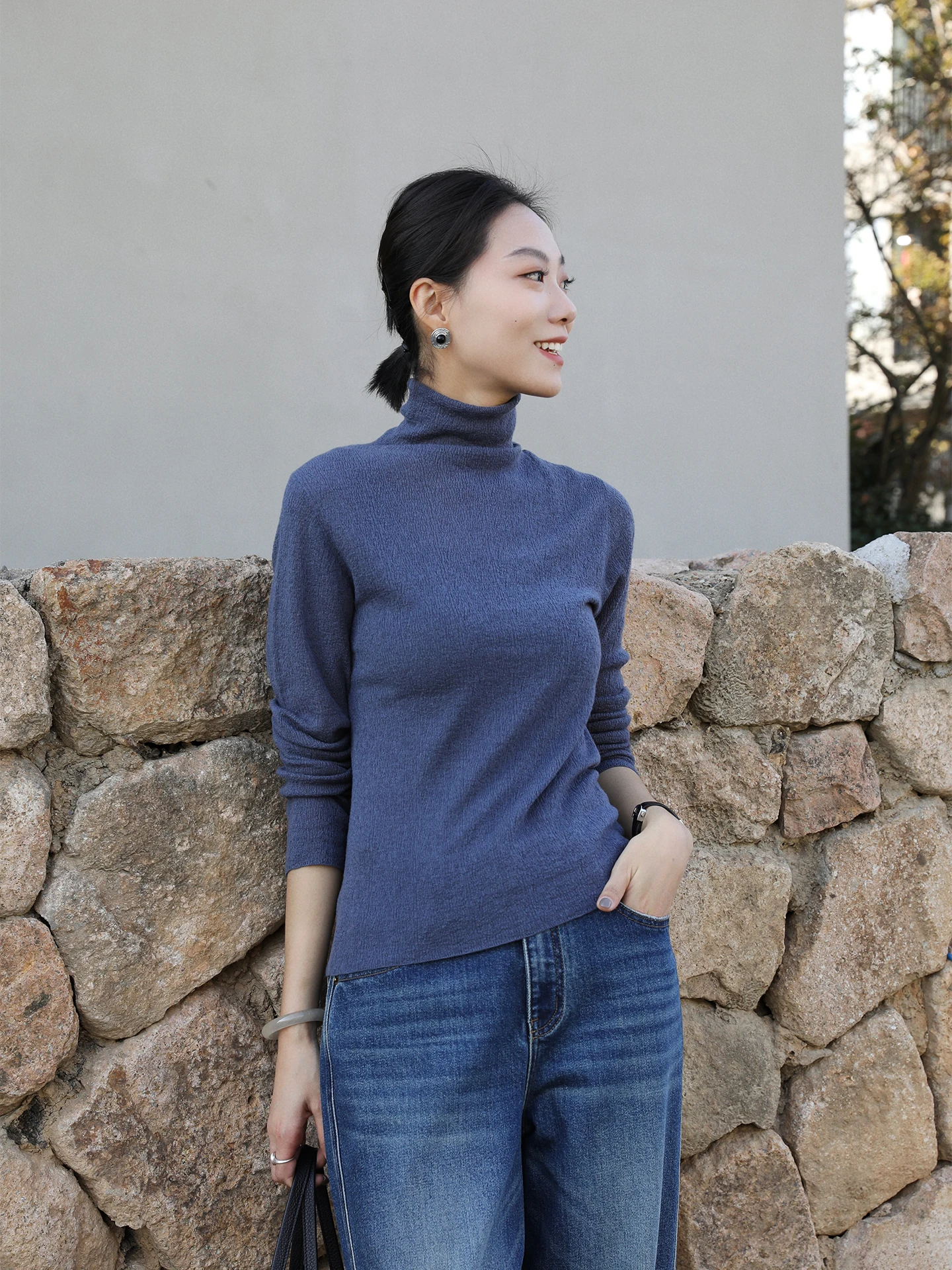 

Winter New Sle Women's High Collar Long Sve Pure Color Knitted Sweater Warm Versatile Base Layer Top Wool Blend Polyester