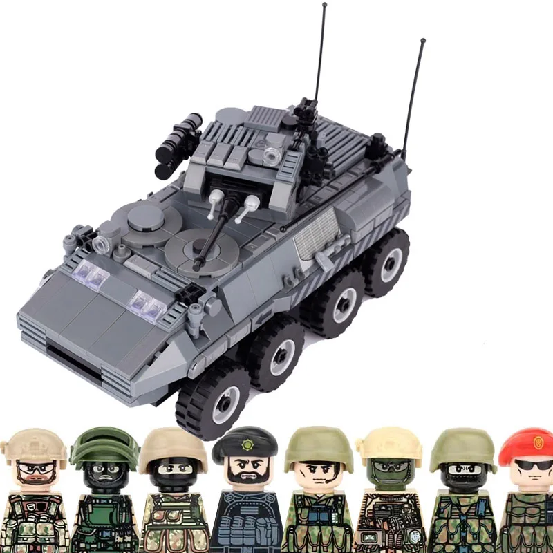 Morden Military Truck APV Wheeled Armored Vehicle Building Blocks USA Russia Army Soldier Figures Battle Tanks Car Model Toys