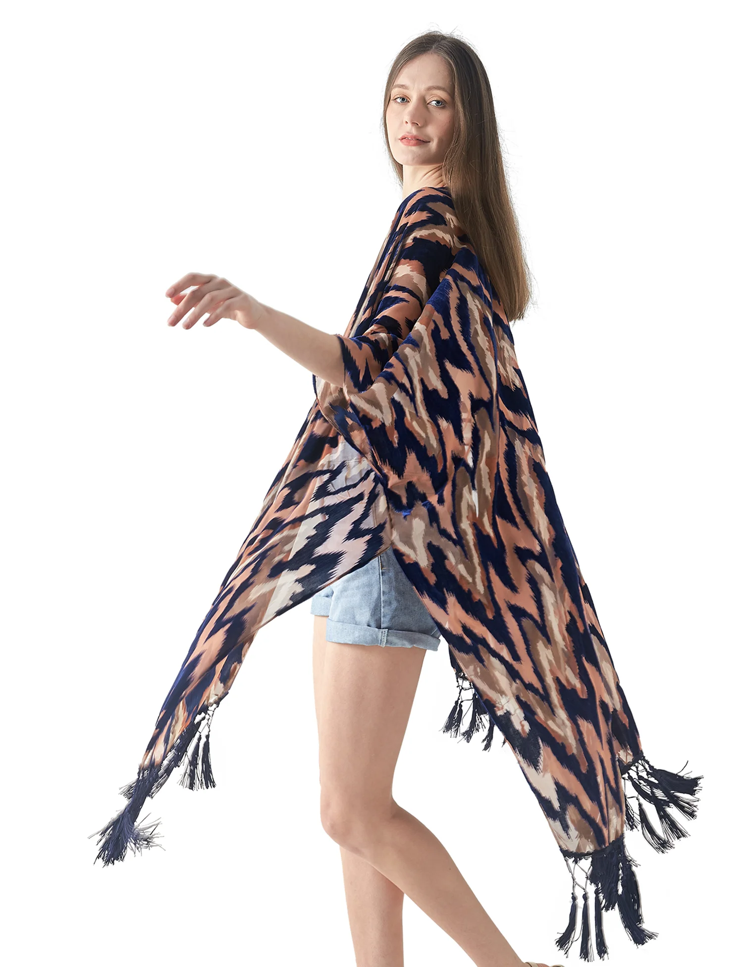 WeHello-Velvet Kimono for Women,Bohemian Burnout  Long Tassel, Beach Cover-up, Casual Cardigan, Kimono, Shawl, Holiday Style