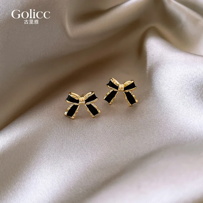 Black Bow Earrings 925 Sterling Silver Ear Needles Simple Small Versatile Earrings Women's 2024 New Trendy Earrings