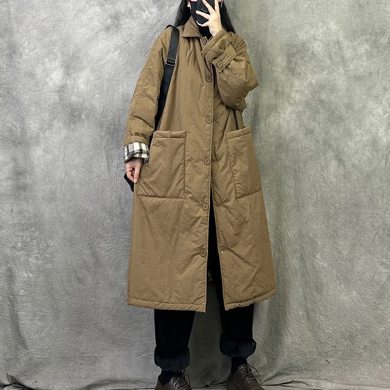 Original Thiened Cotton Jaet Windbreaker Mid-Length Women's Winter Loose plus Size Ele Sle Commute Pure Color
