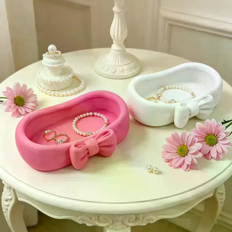 1Pcs Cute Bow Bathroom Desk Organizer Pink Makeup Desk Tray Cute Toothbrush And Skincare Storage Box