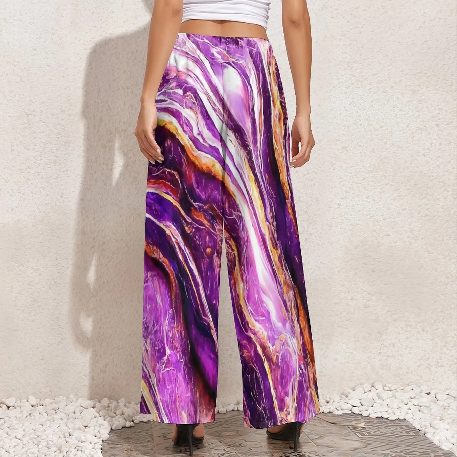 Purple And Gold Marble Print Pants Woman  Korean Fashion Trousers Elastic Waist Kawaii Wide Pants Gift