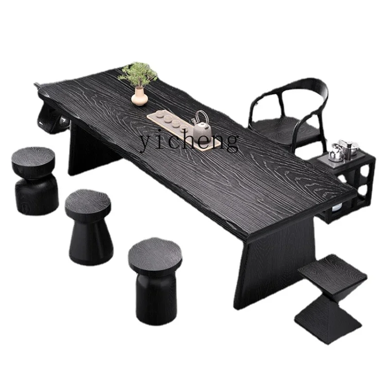 ZZc Carbon Black Solid Wood Tea Table Living Room Home Modern Minimalist Office Tea Table and Chair Set